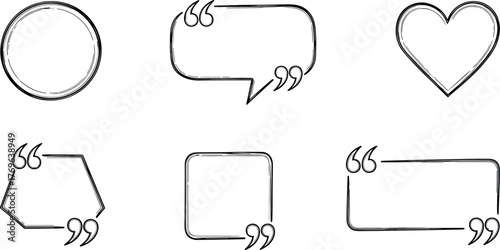 A collection of hand-drawn sketch style quote boxes and speech bubbles. Set of various shapes like circle, square, and heart for text