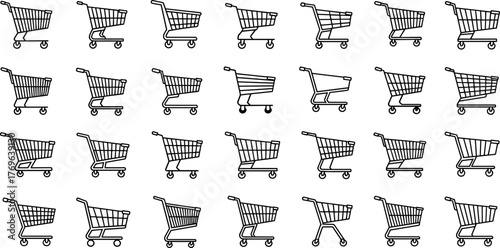 Collection of shopping cart outlines in a grid layout, showcasing various designs and perspectives
