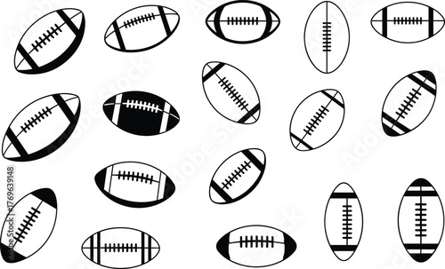 Flat vector illustration of American football ball icons, black and white sports symbols, rugby ball pattern, athletic design elements collection