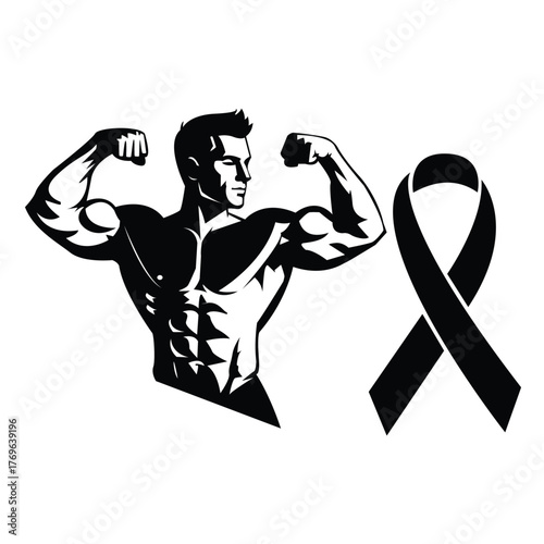 Muscular shirtless man flexing his biceps next to a black awareness ribbon, symbolizing strength and memorial