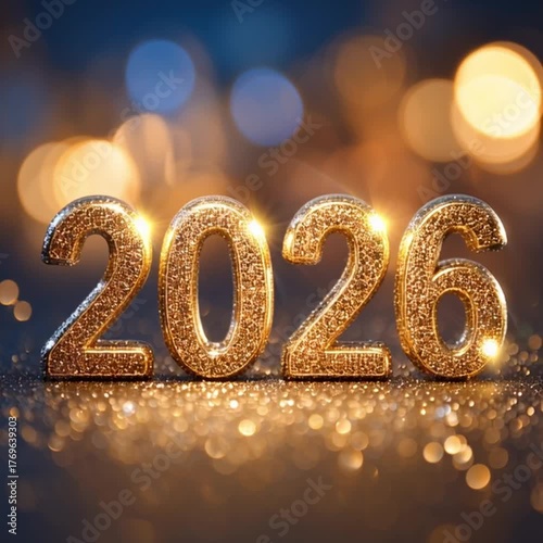 Golden Glittering 2026 Numbers Sparkle With Bokeh Lights Background