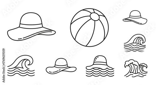Simple line drawings of summer beach items hats, a ball, and waves