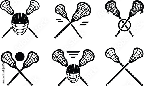 Flat vector illustration of crossed lacrosse sticks, helmet, and ball icons, sports equipment symbols, team game design elements, black silhouette