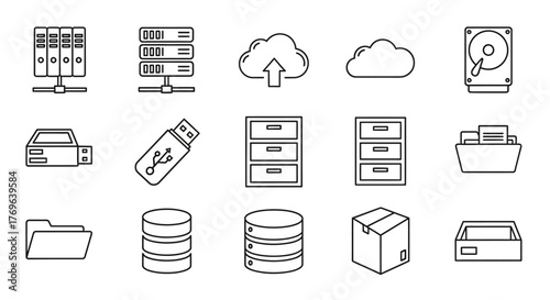 A collection of digital storage and organization icons in black and white
