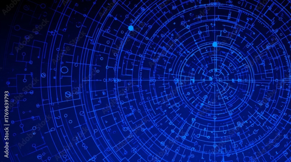 Obraz premium Abstract futuristic blue hologram background showing complex technological connections, digital data, and circuit lines on a dark screen.