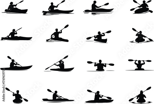 Kayaking silhouette collection, paddling poses, water sport activity, outdoor adventure, kayak motion, black icons, minimal style, flat vector illustration