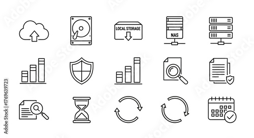Set of outline icons relating to data storage, analysis, security, and time management on white background