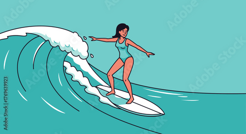Illustration of a woman surfing a wave with teal sea and confident stance offering a sense of