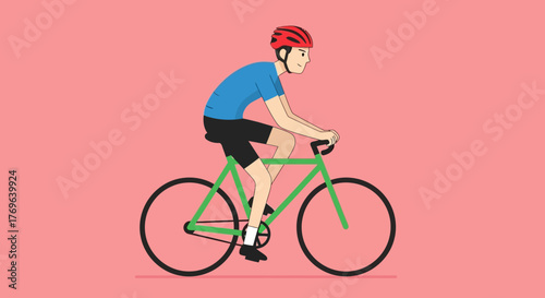 A cyclist rides his vintage green bicycle on a pink background simple illustration