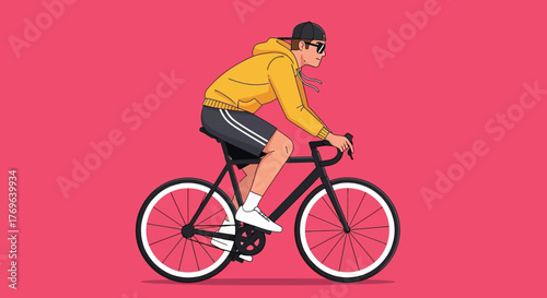Vibrant illustration of a young man riding a sleek black bicycle against a pink backdrop