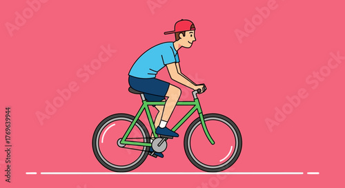 Animated illustration of a young man riding a bicycle against a bright pink background simple design