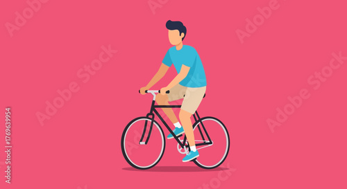 Stylish flat illustration of a man enjoying a leisurely bike ride on a pink background