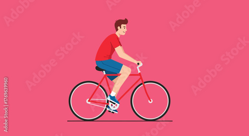 Man cycling on pink background, a simple lifestyle and sustainable transport concept graphic