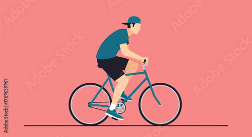 A minimalist illustration of a cyclist riding a blue bicycle with a solid pink backdrop
