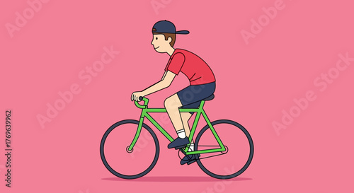 Cartoon cyclist enjoying a ride on a green bicycle against a pink background illustration