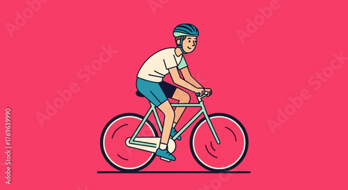 Stylized illustration of a cyclist wearing a helmet riding a bicycle on pink background