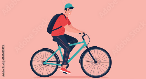 Casual cyclist character with backpack riding bike in motion on minimalist flat illustration