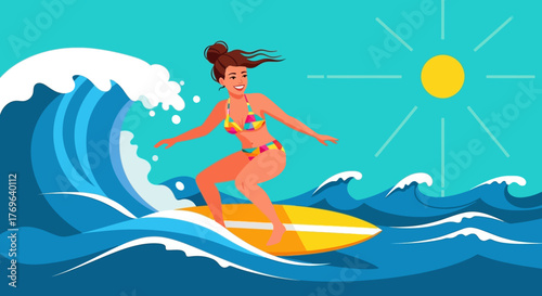 Cheerful surfer girl rides a wave under the bright sun for a fun day at sea during summer vacation