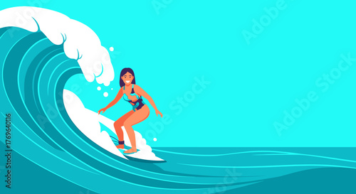 Energetic cartoon illustration of a surfer girl riding a big wave on a sunny day beach