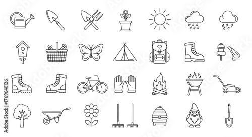 Collection of line-art icons depicting outdoor activities and gardening tools