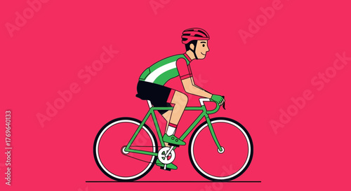 Illustrated cyclist pedaling on a green bicycle, demonstrating health and wellness concept, with