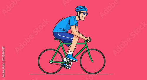 Cartoon cyclist in motion, vector illustration of a person riding bike on a pink background