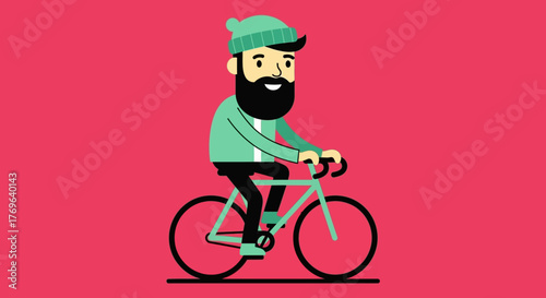 Smiling cartoon bearded man with beanie rides a light blue bicycle with pink background
