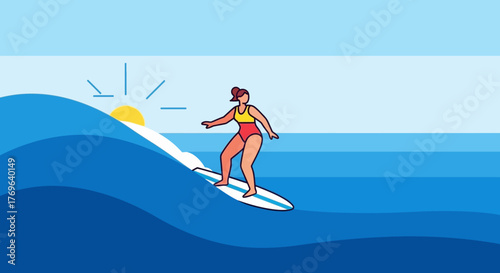 Cartoonish illustration of a surfer girl riding a blue wave under a radiant sun by the seaside