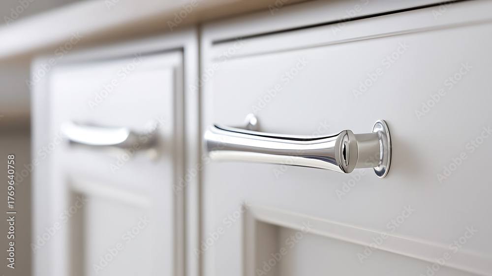 Obraz premium White cabinets with shiny, silver handles for a classic look. The clean lines and polished hardware add a touch of elegance to any room with functional design.