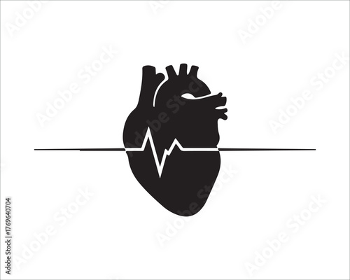 Stylized anatomical heart with heartbeat signal on a white background