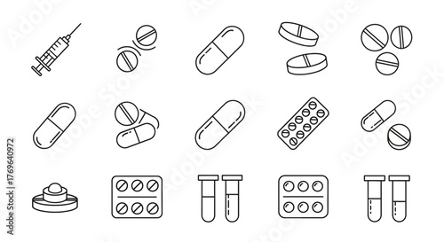 Medical icons depicting syringes, pills, capsules, blister packs, and test tubes