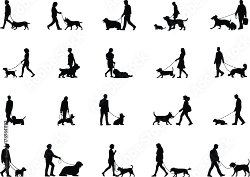 People walking dogs, pet owners with leashes, outdoor activity silhouette collection, human and dog interaction, flat vector illustration
