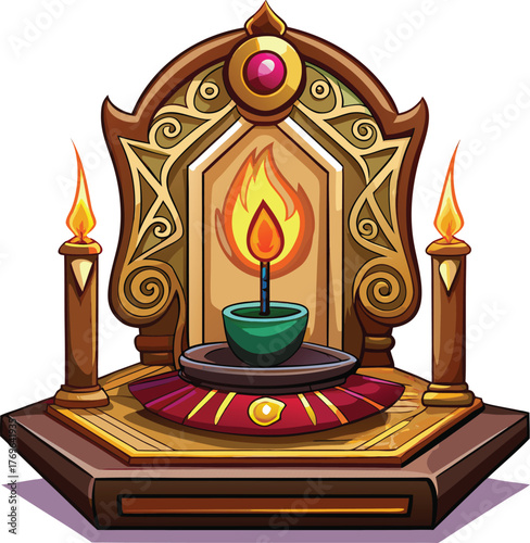 Lunar Family Traditions, decorative altar lantern with candle and traditional golden architecture