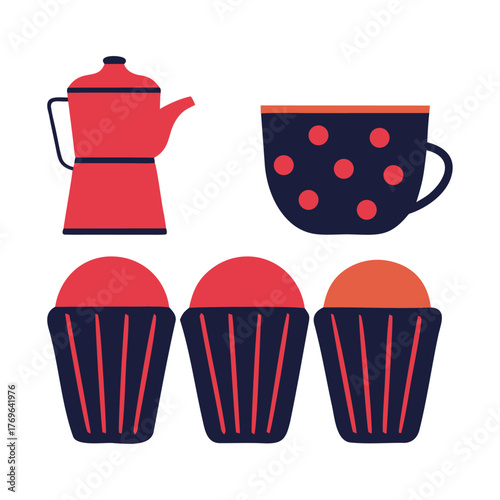 Minimalist Coffee Pot, Cup, and Cupcake Icons in Red and Navy Blue – Flat Kitchenware Vector Set