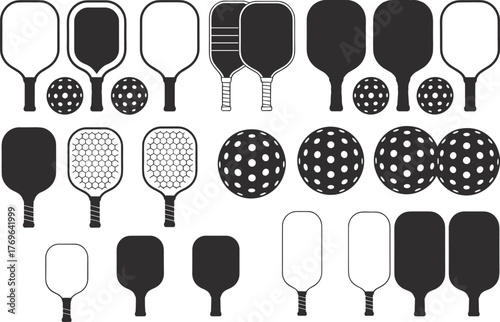 Pickleball paddles and balls, black silhouette icons, sports equipment set for design, branding, recreation, and education use, flat vector illustration