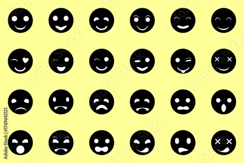 various easy emoji icon doodles, isolated on yellow background, vector