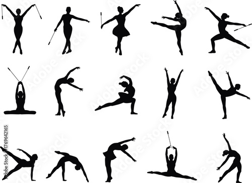 Rhythmic gymnast silhouettes, dynamic poses with ribbon, hoop, clubs, athletic movement icons for design, choreography, and education, flat vector illustration