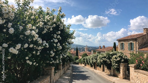 Fototapeta Naklejka Na Ścianę i Meble -  Street in France in Roquebrune, near Monaco, with blooming trees