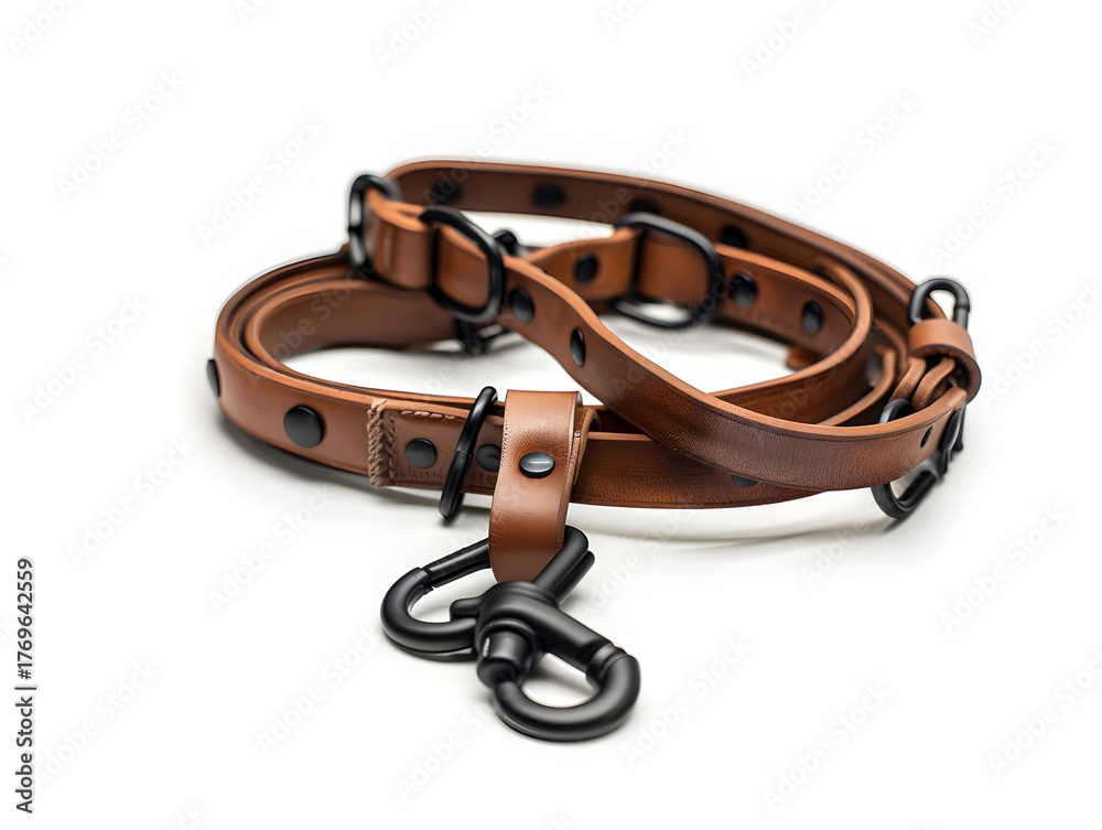 Obraz premium brown leather dog leash with metal clasp isolated on white background
