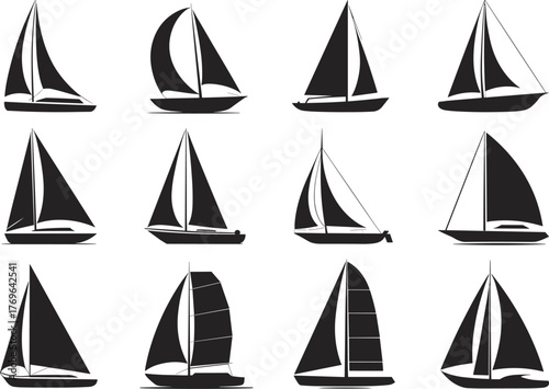 Sailboat silhouette collection, nautical vessel icons, maritime transport graphics, sailing boat shapes, yacht rigging styles, ocean craft set – flat vector illustration