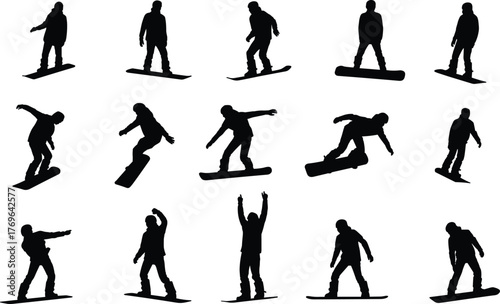 Snowboarding silhouettes, dynamic tricks, winter sport poses, black icons, athlete movement, extreme action, flat vector illustration, freestyle board stances