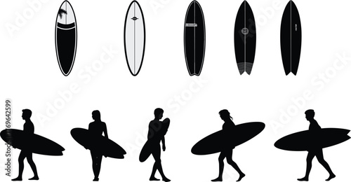 Surfboard collection, silhouette walking surfers, beach lifestyle, water sports gear, summer vibes, flat vector illustration, minimal design, editable graphic asset