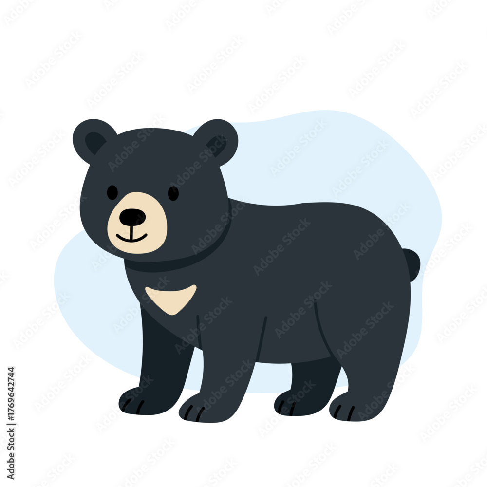 Naklejka premium adorable outdoor cartoon black bear, friendly black bear with light chest and attentive posture, charming cartoon black bear with soft fur and welcoming expression for branding