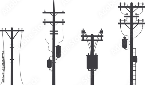 Utility pole silhouettes with transformers, insulators, wires, ladder access, electrical components, urban infrastructure, flat vector illustration for stock design