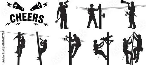 Utility worker silhouettes, power line maintenance, electrical pole safety, lineman action poses, energy crew graphics, occupational icons – flat vector illustration