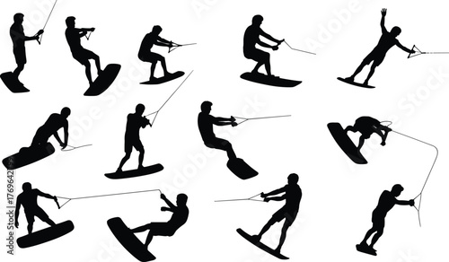 Wakeboarding silhouettes, dynamic rider poses, water sport action icons for fitness, adventure, branding, recreation, and design use, flat vector illustration