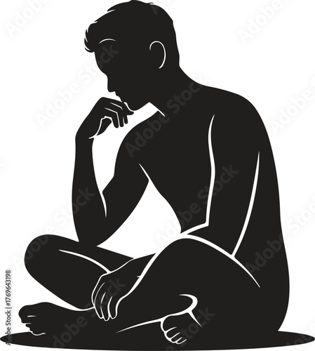 PrintBlack silhouette of a man sitting with hand on chin white vector illustration EPS file download.