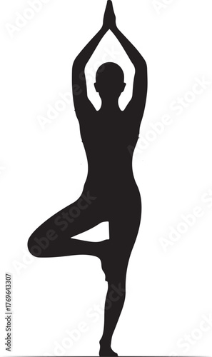 Black silhouette of a person in a yoga tree pose on a white background vector