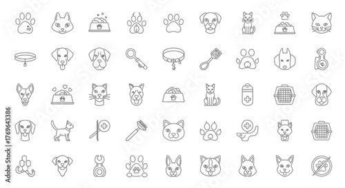Diverse collection of line art icons for pets and animal care