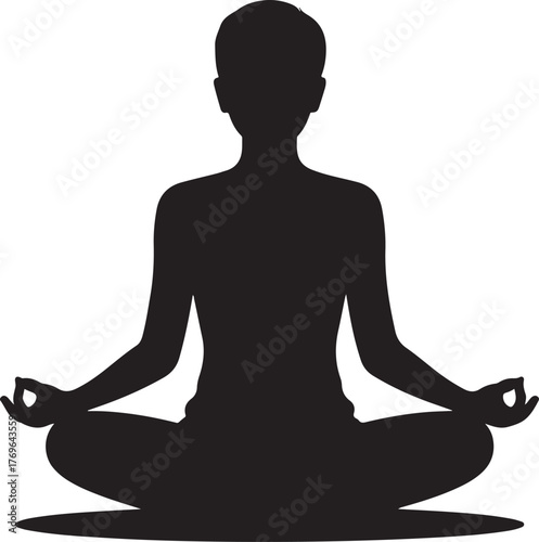 Black silhouette of person meditating in lotus pose with hands in mudra yoga vector illustration EPS file download.
